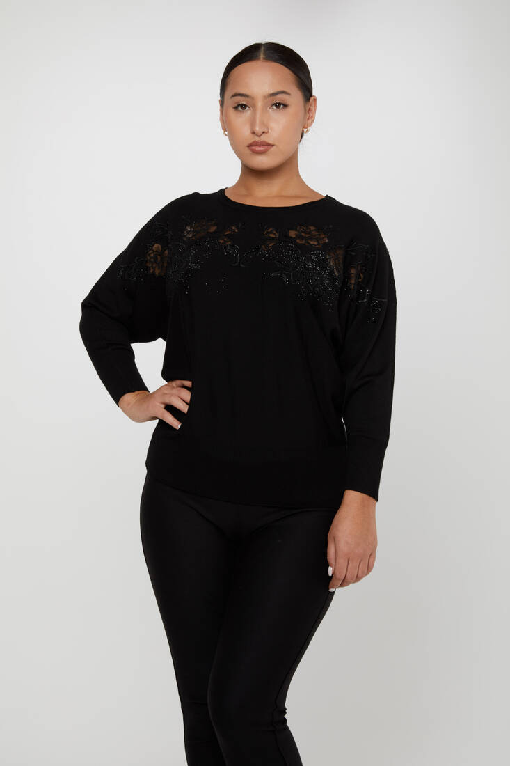 Women's Knitwear Floral Embroidered Black - 30925 | KAZEE