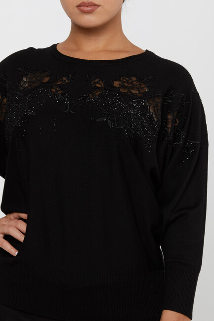 Women's Knitwear Floral Embroidered Black - 30925 | KAZEE - Thumbnail