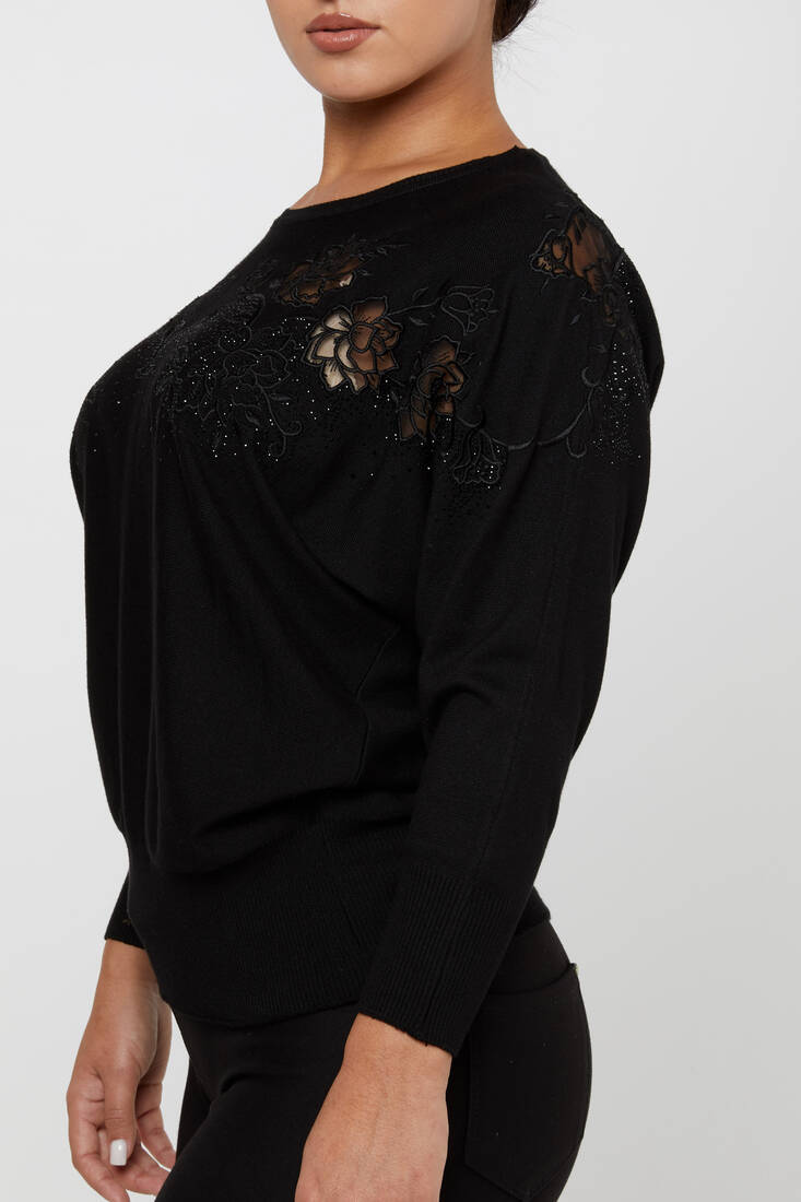 Women's Knitwear Floral Embroidered Black - 30925 | KAZEE