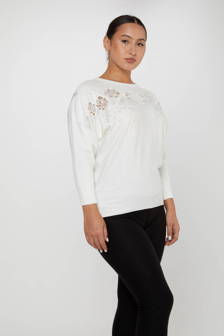 Women's Knitwear Floral Embroidered Ecru - 30925 | KAZEE