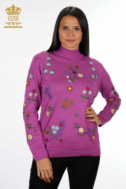 Women's Knitwear Lilac with Flower Embroidery - 16445 | KAZEE - Thumbnail