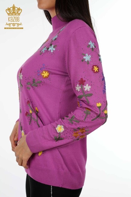 Women's Knitwear Lilac with Flower Embroidery - 16445 | KAZEE - Thumbnail