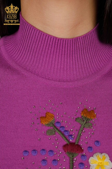 Women's Knitwear Lilac with Flower Embroidery - 16445 | KAZEE - Thumbnail