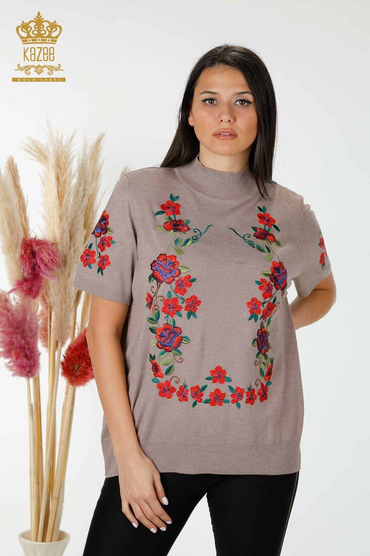 Women's Knitwear Floral Embroidered Mink - 15876 | KAZEE