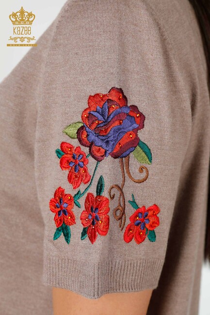 Women's Knitwear Floral Embroidered Mink - 15876 | KAZEE - Thumbnail