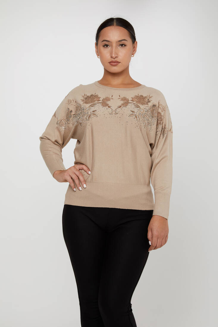 Women's Knitwear Floral Embroidered Mink - 30925 | KAZEE