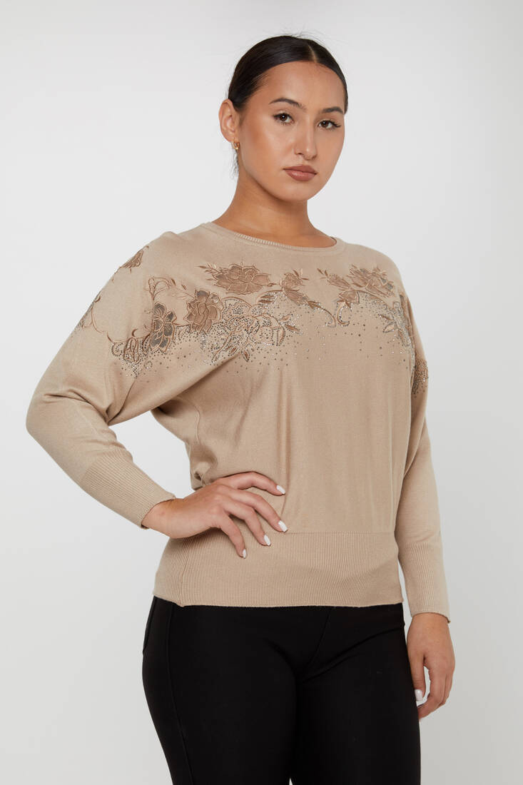 Women's Knitwear Floral Embroidered Mink - 30925 | KAZEE