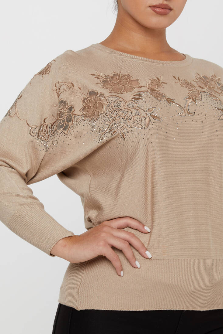 Women's Knitwear Floral Embroidered Mink - 30925 | KAZEE