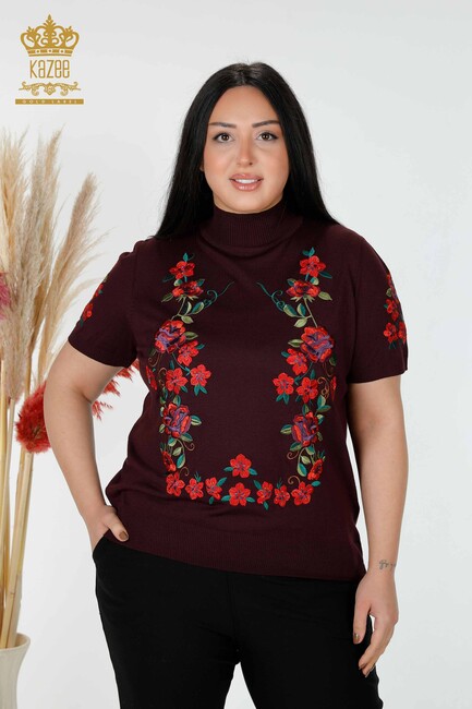 Women's Knitwear Plum With Floral Embroidery - 15876 | KAZEE - Thumbnail