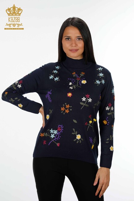 Women's Knitwear Navy Blue With Floral Embroidery - 16445 | KAZEE - Thumbnail