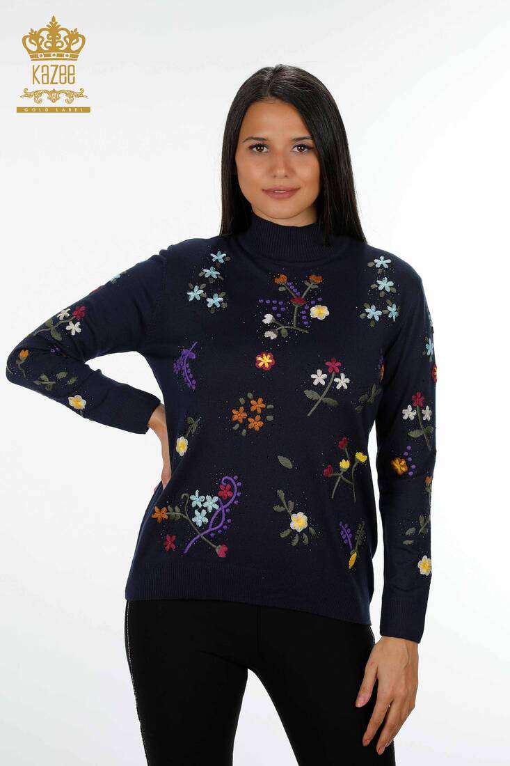 Women's Knitwear Navy Blue With Floral Embroidery - 16445 | KAZEE