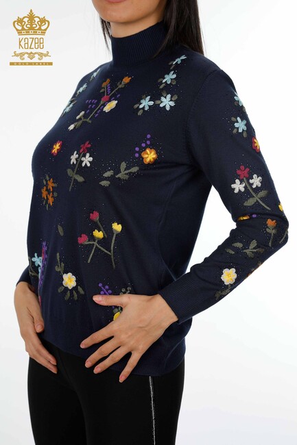 Women's Knitwear Navy Blue With Floral Embroidery - 16445 | KAZEE - Thumbnail