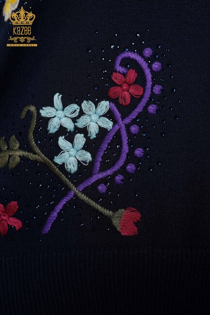 Women's Knitwear Navy Blue With Floral Embroidery - 16445 | KAZEE - Thumbnail