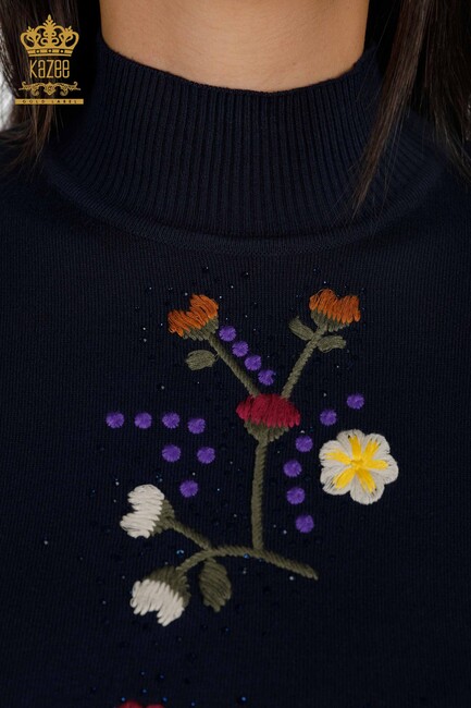 Women's Knitwear Navy Blue With Floral Embroidery - 16445 | KAZEE - Thumbnail