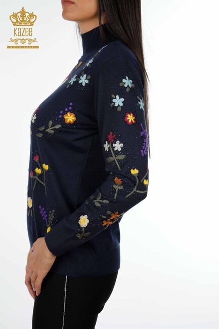 Women's Knitwear Navy Blue With Floral Embroidery - 16445 | KAZEE - Thumbnail