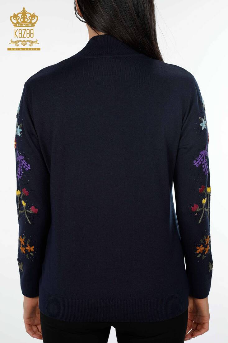 Women's Knitwear Navy Blue With Floral Embroidery - 16445 | KAZEE