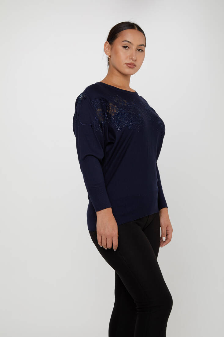 Women's Knitwear Floral Embroidered Navy Blue - 30925 | KAZEE