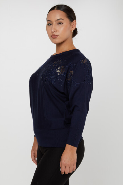 Women's Knitwear Floral Embroidered Navy Blue - 30925 | KAZEE - Thumbnail