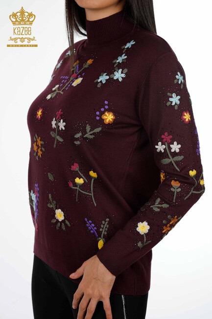 Women's Knitwear Plum With Floral Embroidery - 16445 | KAZEE - Thumbnail