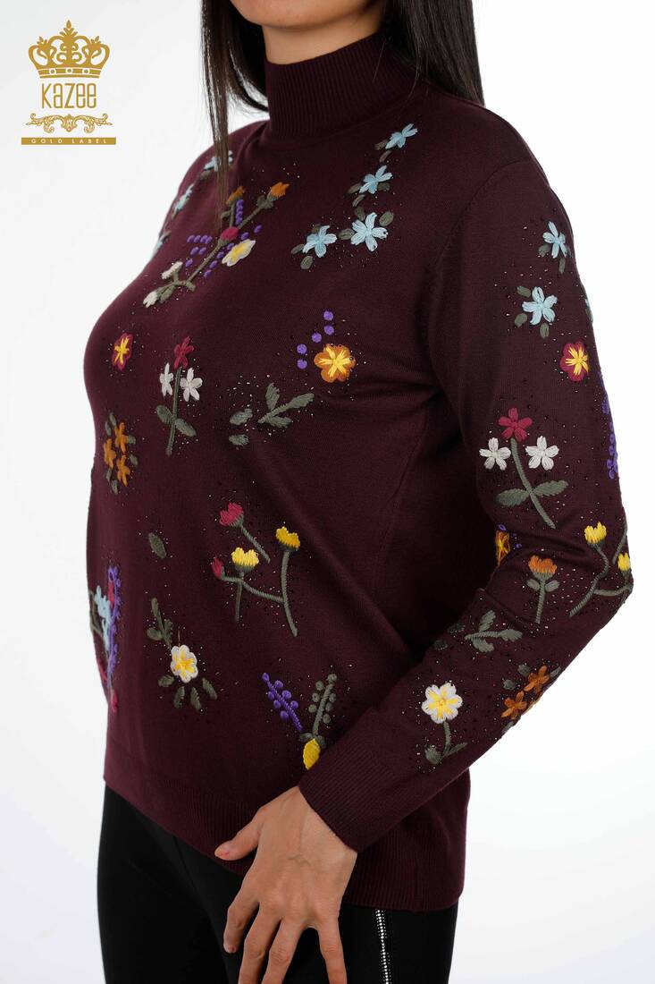 Women's Knitwear Plum With Floral Embroidery - 16445 | KAZEE