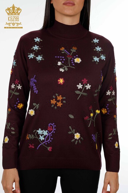 Women's Knitwear Plum With Floral Embroidery - 16445 | KAZEE - Thumbnail