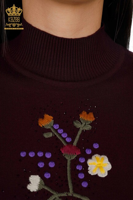 Women's Knitwear Plum With Floral Embroidery - 16445 | KAZEE - Thumbnail