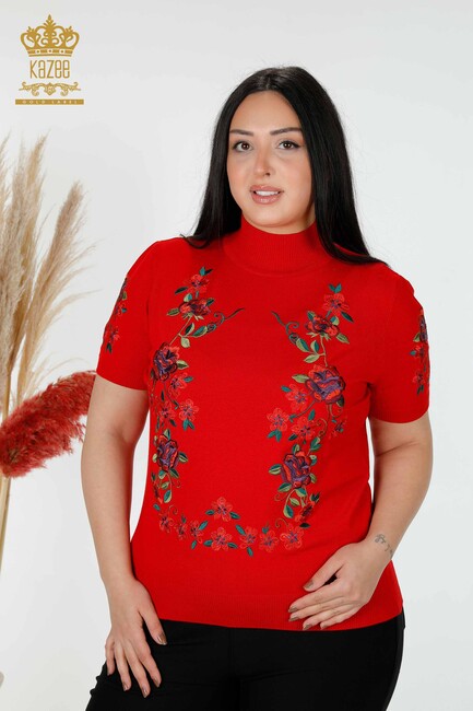 Women's Knitwear Red With Floral Embroidery - 15876 | KAZEE - Thumbnail