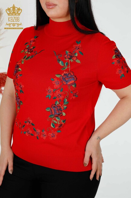 Women's Knitwear Red With Floral Embroidery - 15876 | KAZEE - Thumbnail