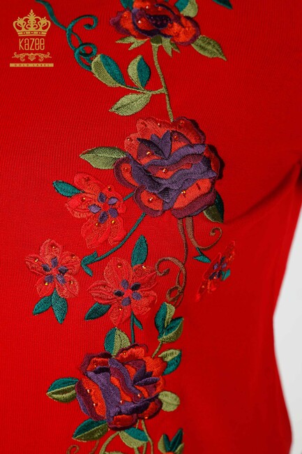 Women's Knitwear Red With Floral Embroidery - 15876 | KAZEE - Thumbnail