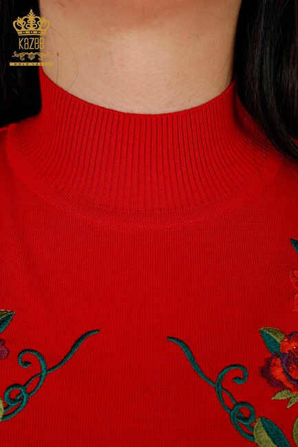 Women's Knitwear Red With Floral Embroidery - 15876 | KAZEE - Thumbnail