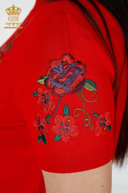 Women's Knitwear Red With Floral Embroidery - 15876 | KAZEE - Thumbnail