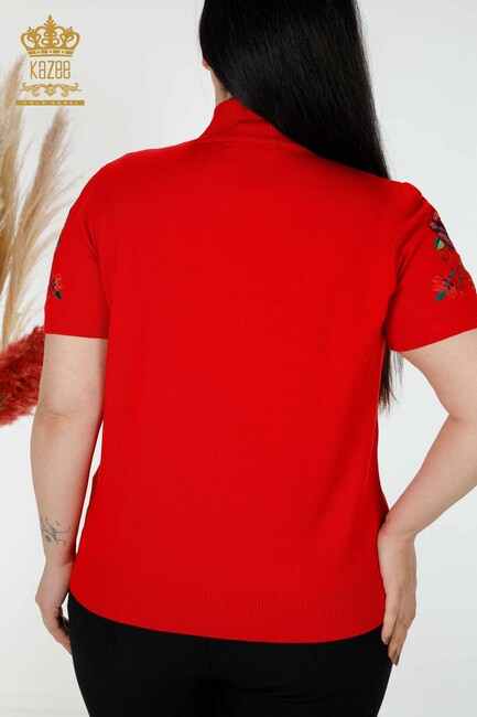 Women's Knitwear Red With Floral Embroidery - 15876 | KAZEE - Thumbnail