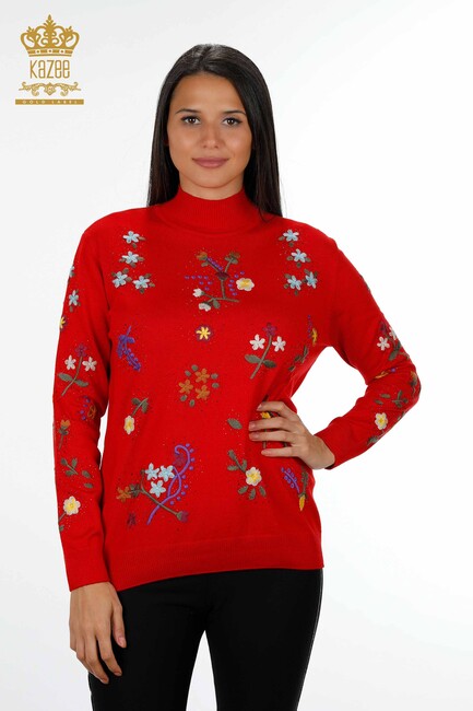 Women's Knitwear Red With Flower Embroidery - 16445 | KAZEE - Thumbnail