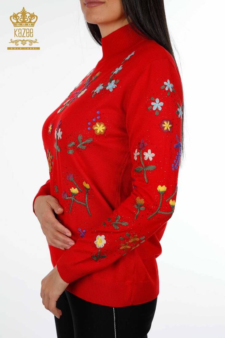 Women's Knitwear Red With Flower Embroidery - 16445 | KAZEE