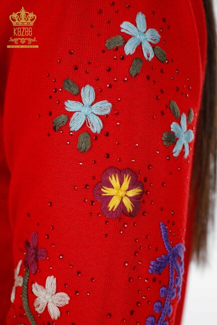 Women's Knitwear Red With Flower Embroidery - 16445 | KAZEE - Thumbnail