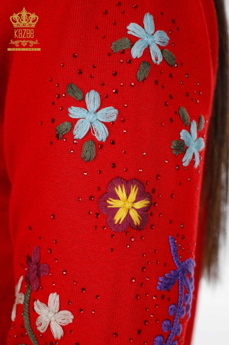 Women's Knitwear Red With Flower Embroidery - 16445 | KAZEE