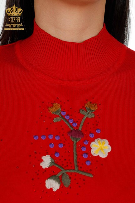 Women's Knitwear Red With Flower Embroidery - 16445 | KAZEE - Thumbnail