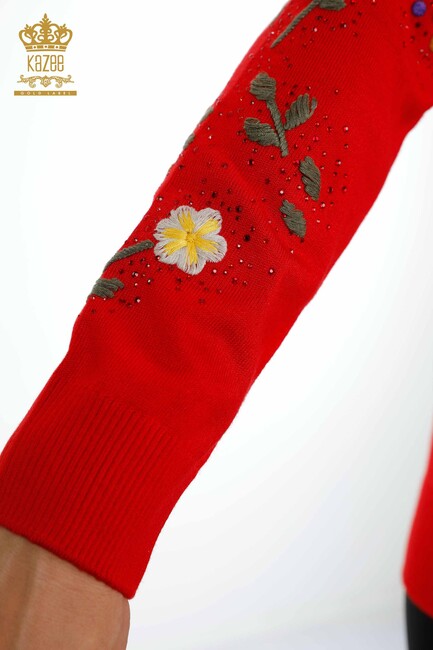 Women's Knitwear Red With Flower Embroidery - 16445 | KAZEE - Thumbnail