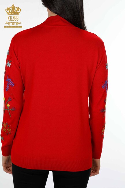 Women's Knitwear Red With Flower Embroidery - 16445 | KAZEE - Thumbnail