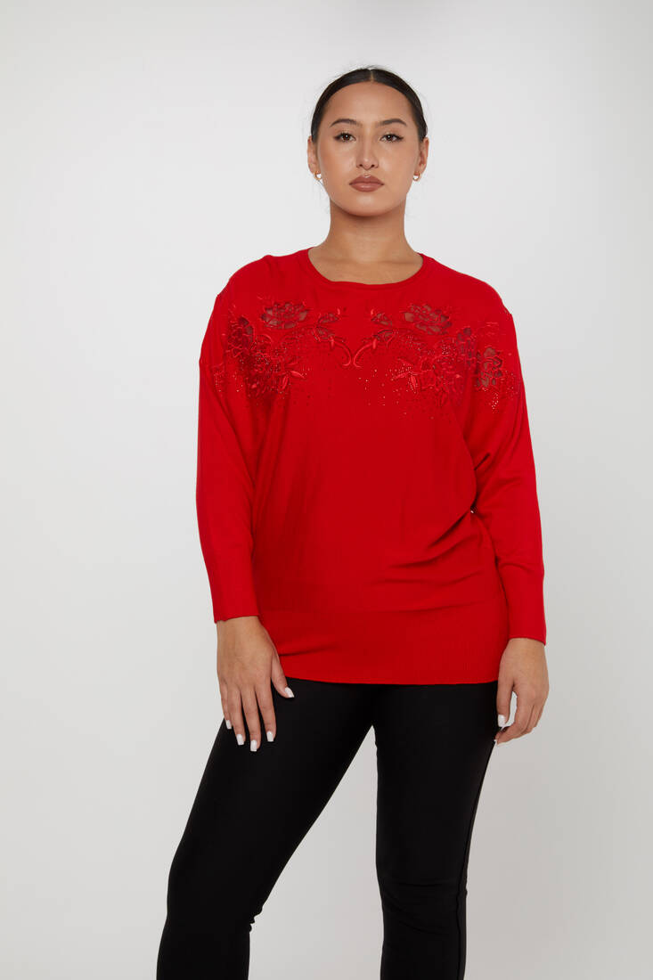 Women's Knitwear Floral Embroidered Red - 30925 | KAZEE