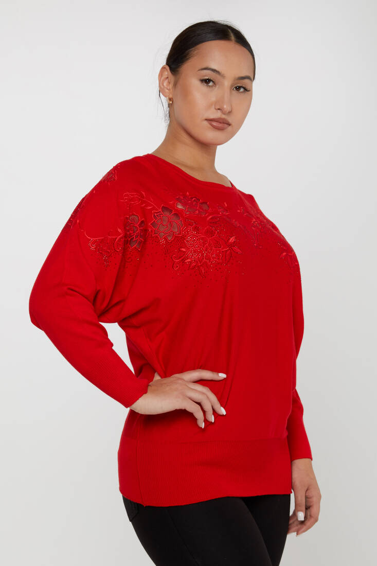 Women's Knitwear Floral Embroidered Red - 30925 | KAZEE