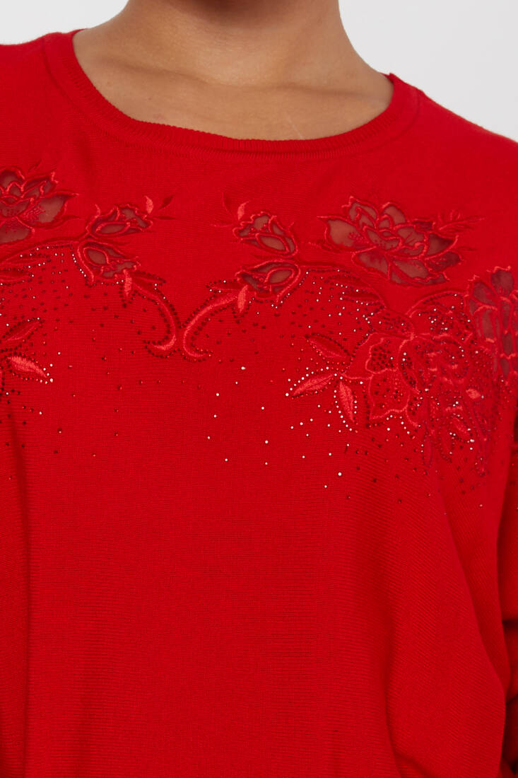 Women's Knitwear Floral Embroidered Red - 30925 | KAZEE