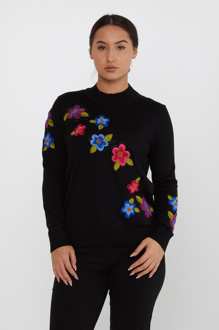 Women's Knitwear Floral Embroidered Stoned Black - 31684 | KAZEE - Thumbnail