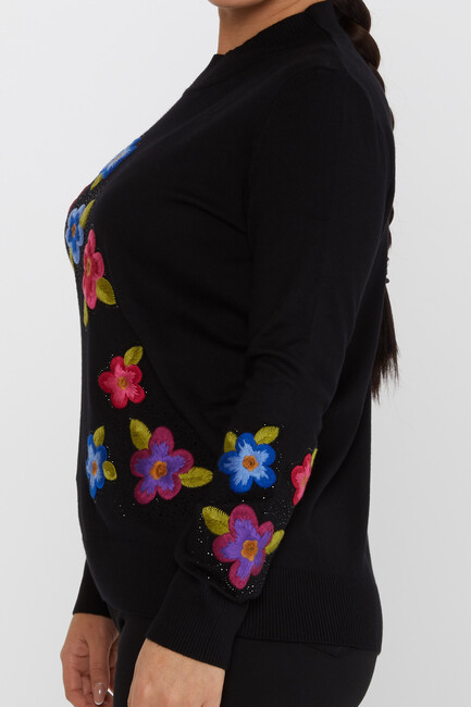 Women's Knitwear Floral Embroidered Stoned Black - 31684 | KAZEE - Thumbnail