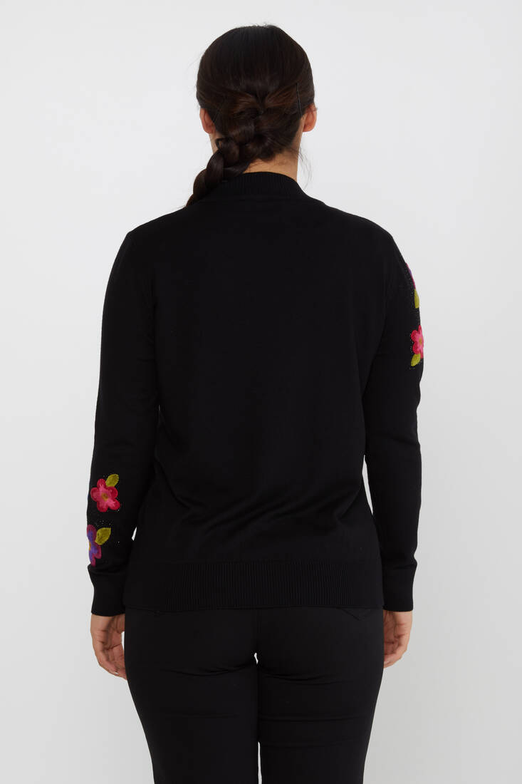 Women's Knitwear Floral Embroidered Stoned Black - 31684 | KAZEE