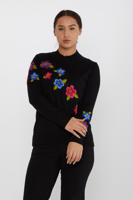 Women's Knitwear Floral Embroidered Stoned Black - 31684 | KAZEE - Thumbnail