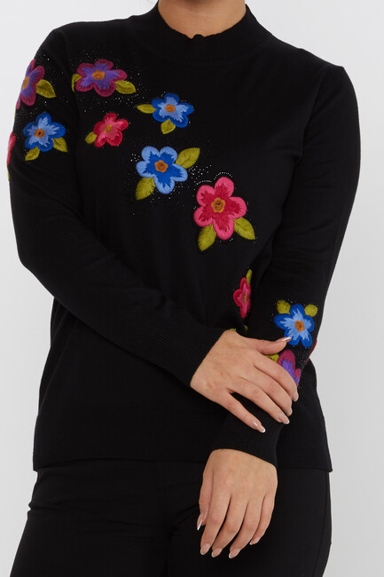 Women's Knitwear Floral Embroidered Stoned Black - 31684 | KAZEE - Thumbnail