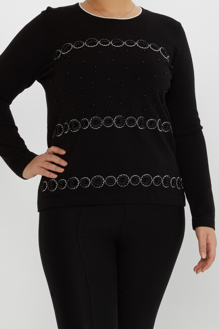 Women's Knitwear Floral Embroidery Detailed Beaded Black - 31719 | KAZEE - Thumbnail