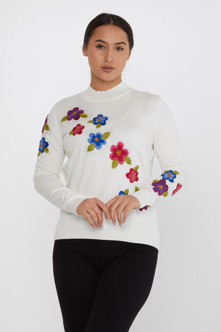 Women's Knitwear Floral Embroidered Stoned Ecru - 31684 | KAZEE - Thumbnail