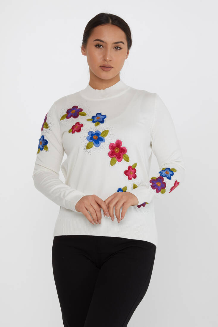 Women's Knitwear Floral Embroidered Stoned Ecru - 31684 | KAZEE